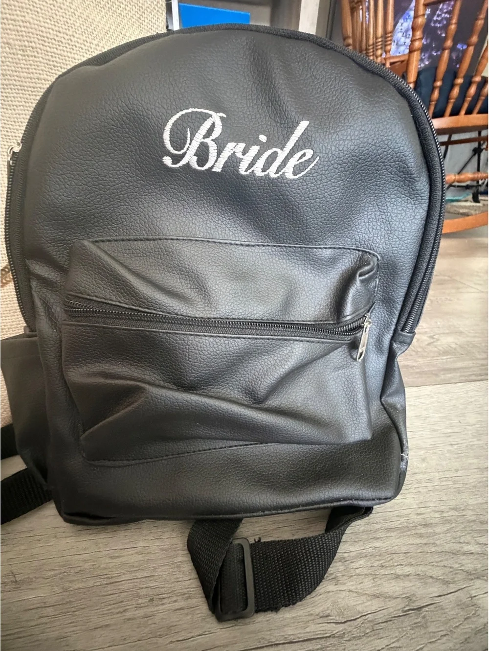 Bride Black Faux Leather Backpack Bridal Wedding Honeymoon Travel Bag